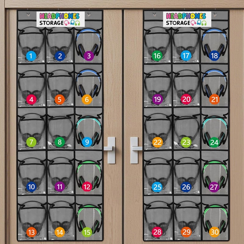 Olpchee 2 Pack Classroom Headphone Storage Organizer with 30 Pockets, PVC Clear Classroom Pocket Chart for Headphone Cell Phone Over-the-Door Hanging Headphone Holder Bag with 62 Labels(Grey) - Image 1